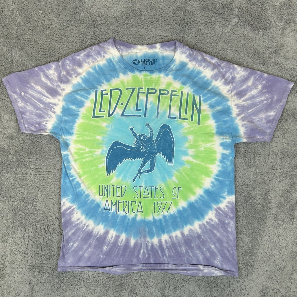 Liquid Blue Led Zeppelin 1977 Tour Tie Dye Graphic Tee Blue Green Purple Large